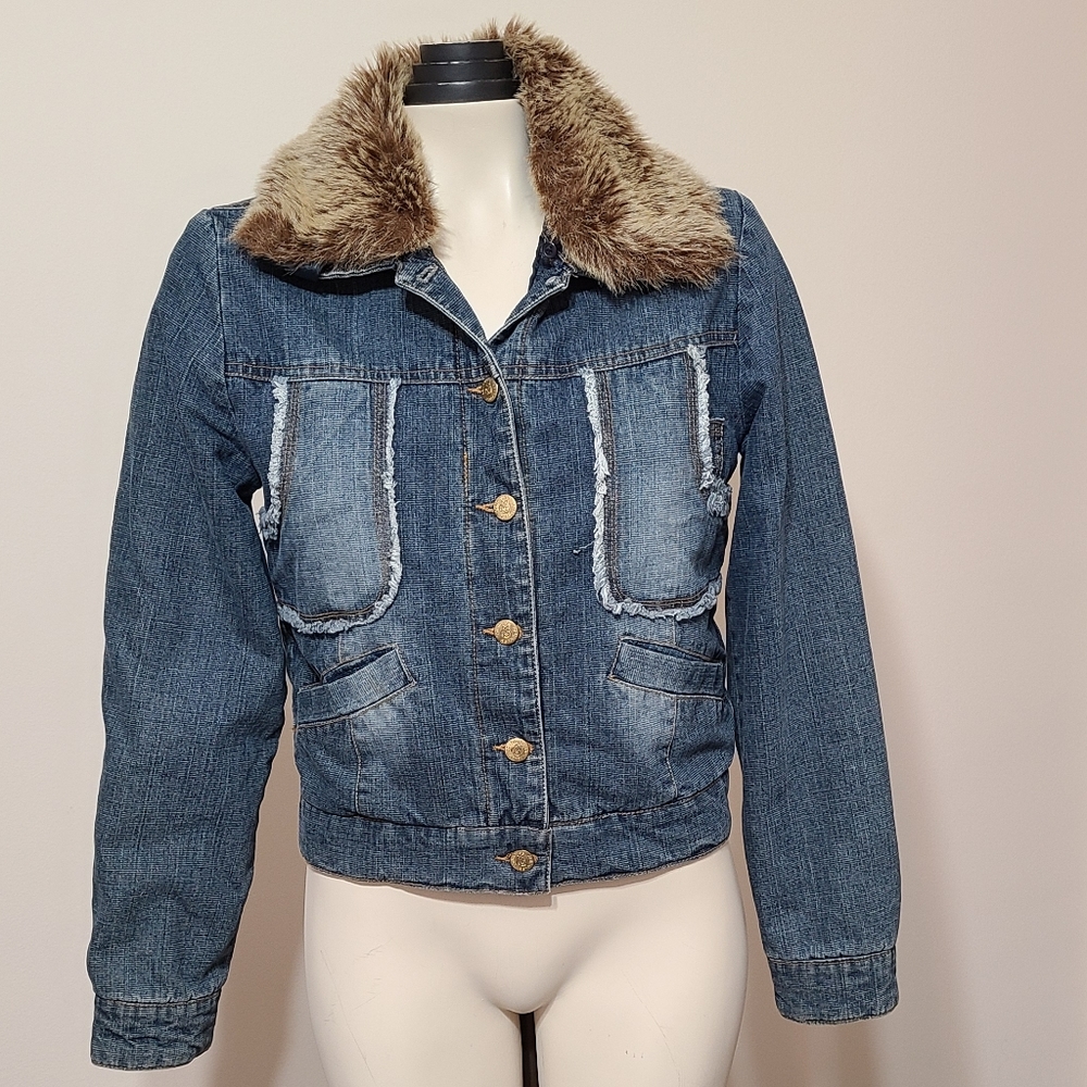 Cropped denim jean jacket with faux fur hood